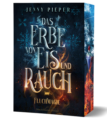 Das Cover zeigt vor blauem Hintergrund den Titel in grauer Schrift. Eisblumen und leuchtende Symbole umrahmen die Schrift. Bei den Wörtern "und Rauch" wird der Hintergrund rot und Flammen umzüngeln die Wörter.